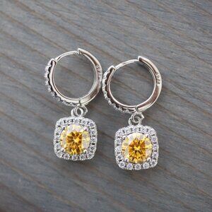 S925 2cttw Yellow Moissanite Diamond Halo Style Huggie Dangling Earrings Silver